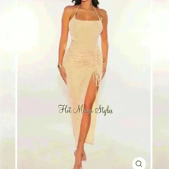 New Nude Ribbed Shimmery Halter Drawstring Slit Maxi Dress. - Picture 2 of 3